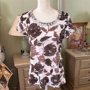 INC International Concepts Brown and White Floral Top w/ rhinestone collar